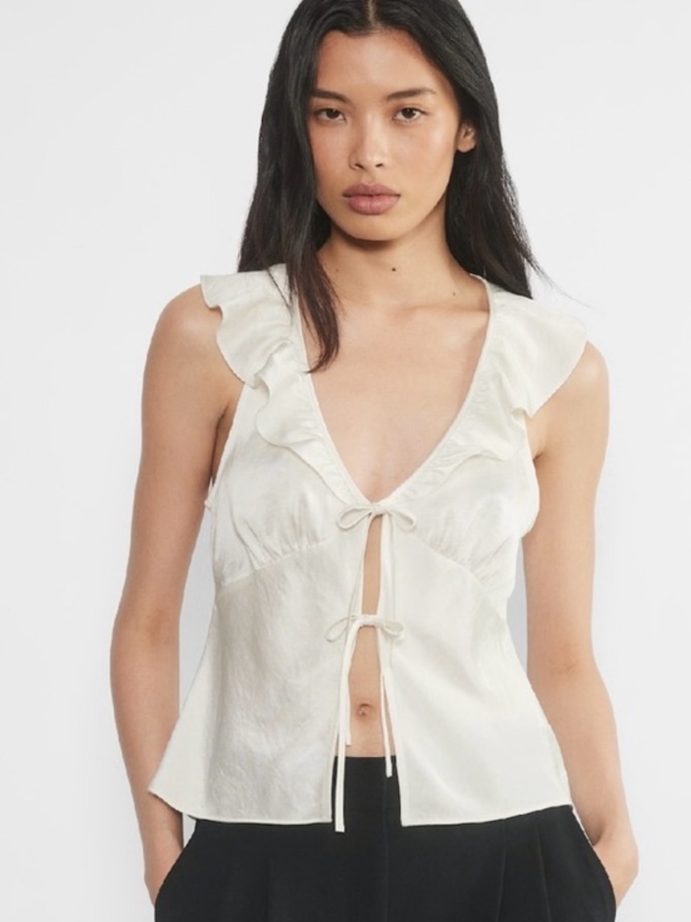 Aritzia Tonka Ivory Satin Tie-Front Ruffle Camisole NWT